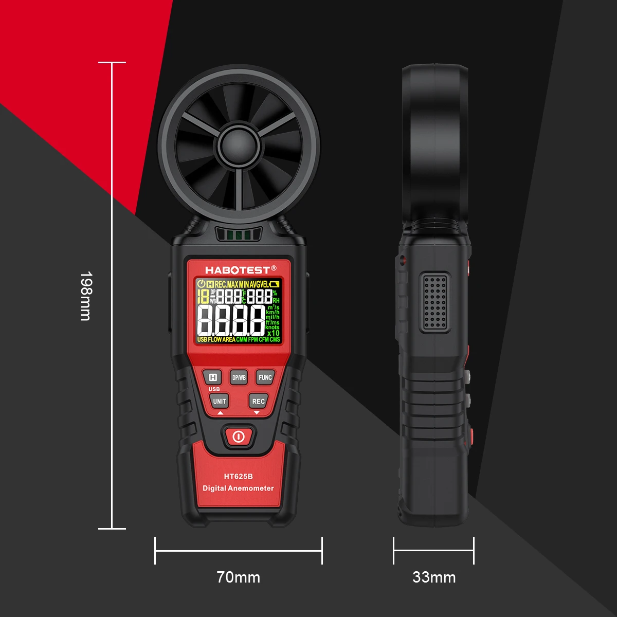 HABOTEST HT625 Anemometer Portable Wind Speed Meter Air Velocity Gauge Windmeter Digital Handheld Anemometer LCD Display