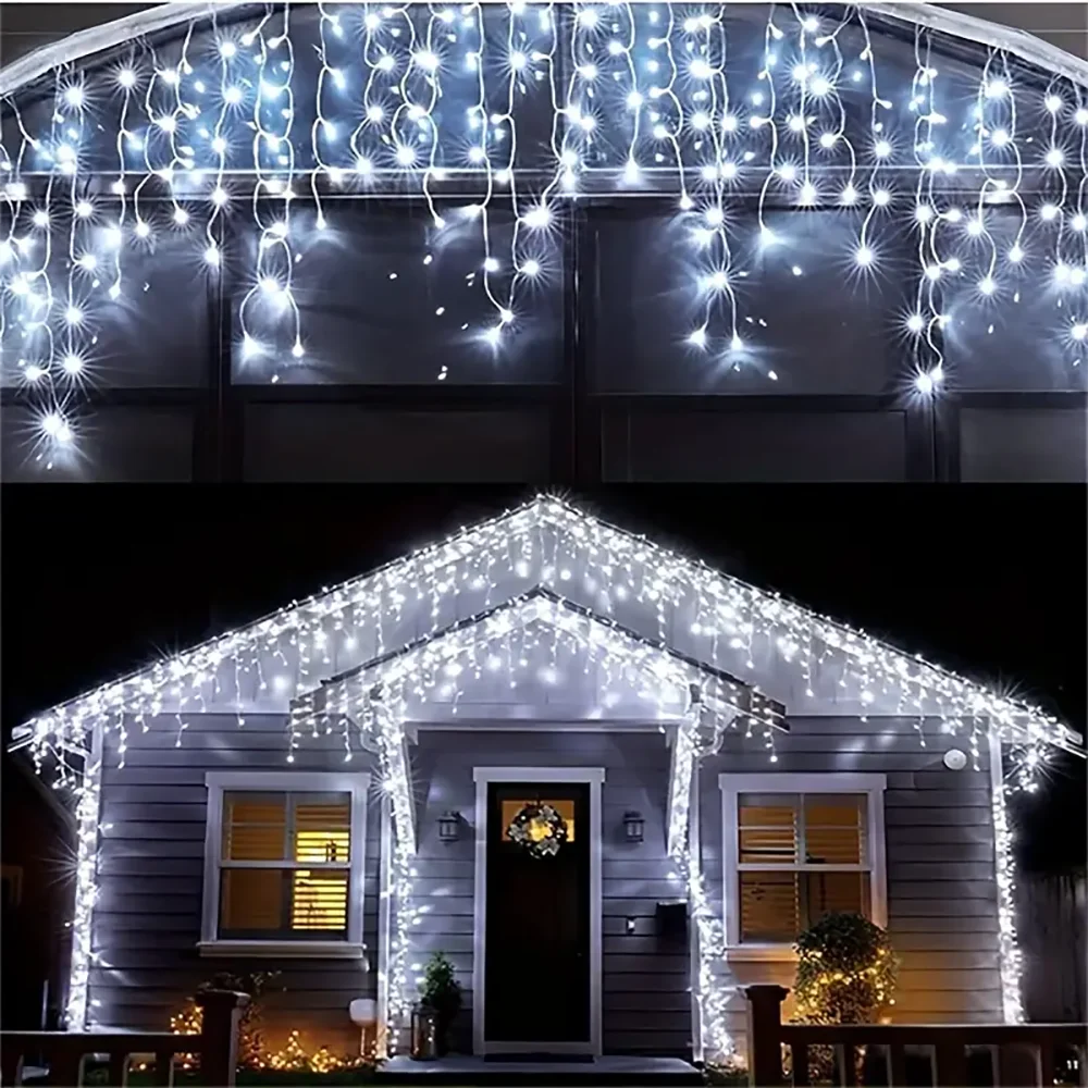 Outdoor Solar Icicle Curtain lights Waterproof Christmas Decorative String Light 8 Lighting Modes Garden Eave Fairy String Light