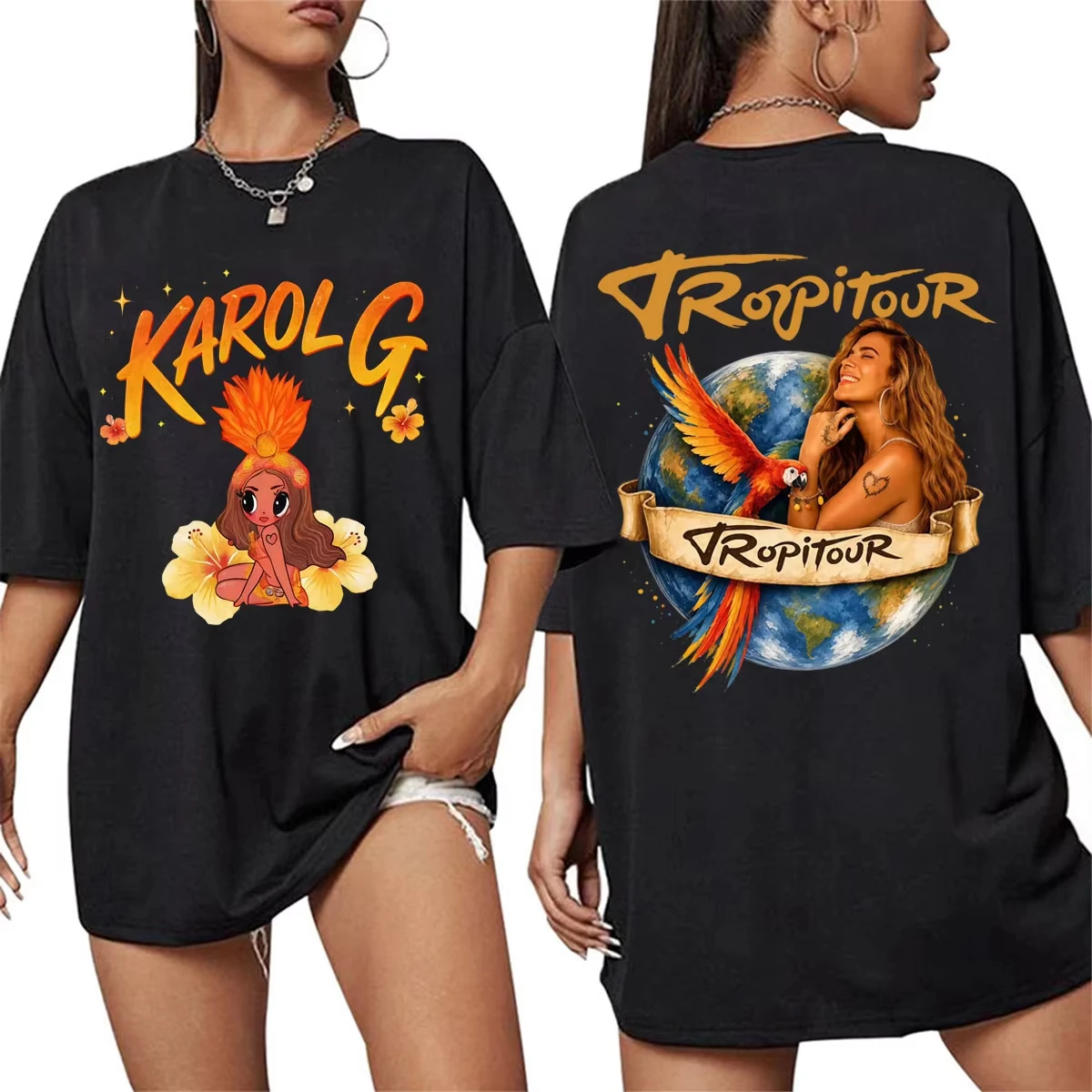 2026 Vintage Tropical Parrot Globe Graphic T Shirt Unisex Men Women 2026 Retro Cartoon Girl Hibiscus Flower Back Print Cotton