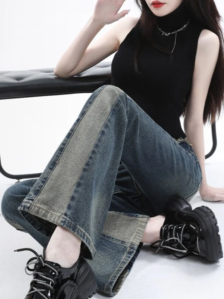 Jeans Women Spliced Do Old Creativity Simple Office Lady Spring All-match Hotsweet New Comfortable Personality Trendy Streetwear