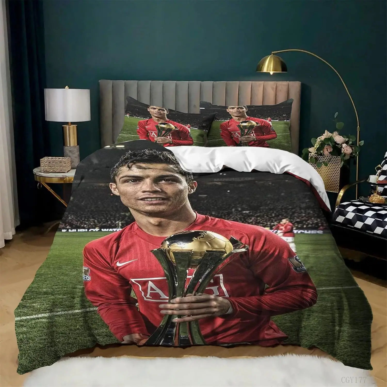 3 Piece Duvet Cover Ronaldo CR7 Football Printed Bedding Set, Lightweight Quilt Cover with Zipper Comforter Set Children Gift