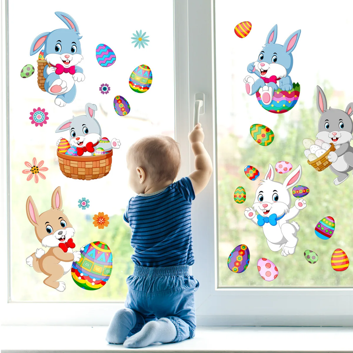 2 hojas de conejito de Pascua para ventana, decoración de juego de caza de huevos de conejo, pegatinas de pared, calcomanías de vidrio, fiesta de Pascua, decoración del hogar de primavera