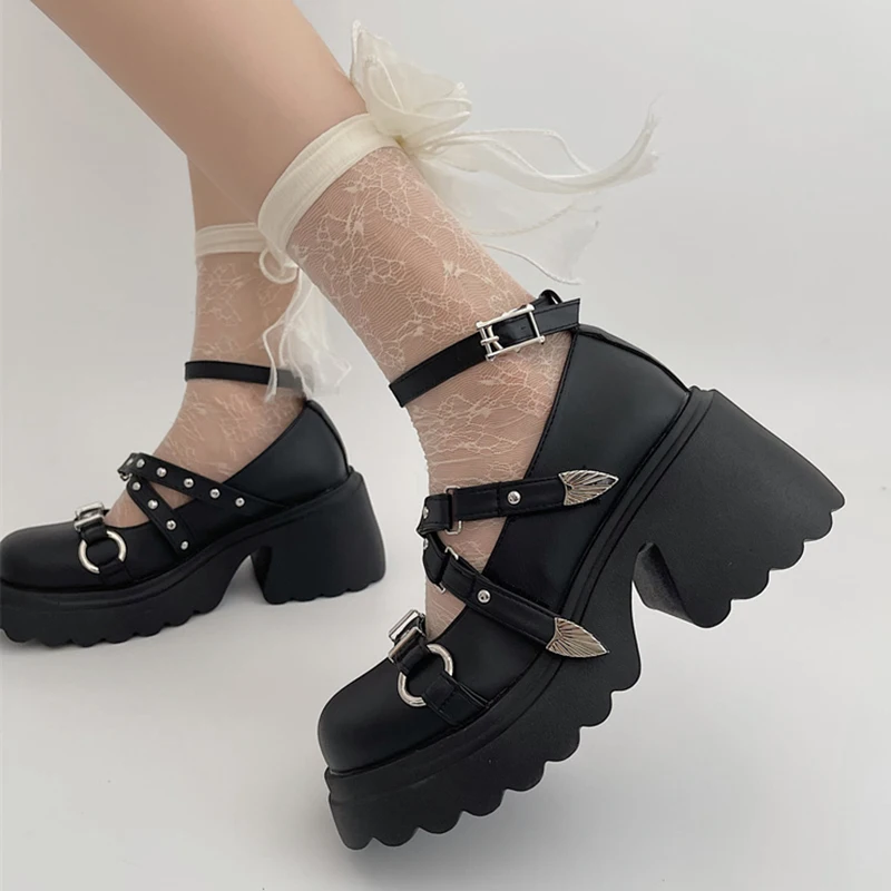 Punk Gothic Chunky Platform Pumps for Women Ankle Strap Thick Heeled Mary Jane Shoes Woman Y2K Metal Rivets Lolita Cosplay Shoes