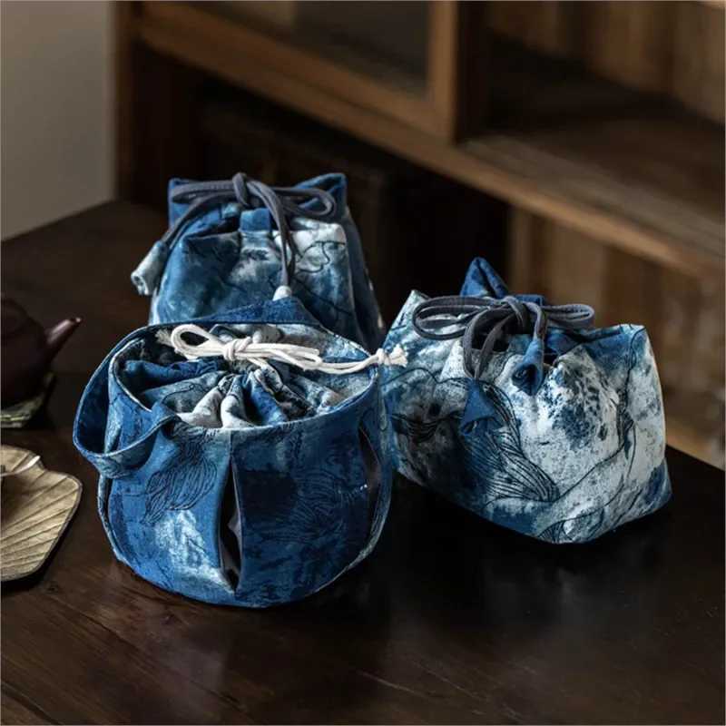 Chinese Ink Wax Dyed Tea Pot and Cup, Purple Clay Pot Storage Bag, Portable Travel Tea Set Bag for 1 Teapot, 4/2 Cups Tea Cozi