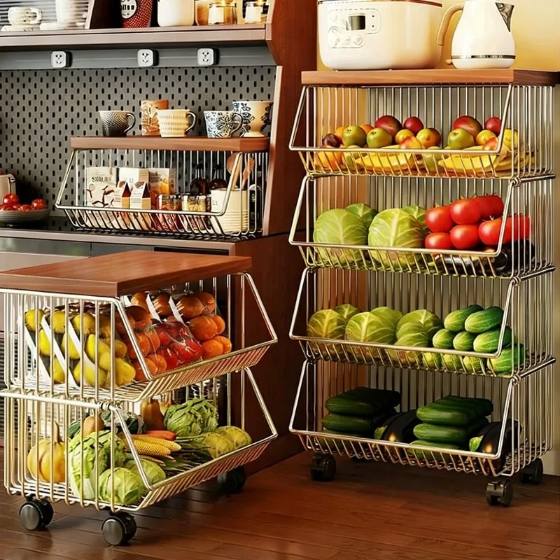 Multifunctional Freestanding Kitchen Storage Rack Fruit Vegetable Basket Snack Organizer Home Living Rolling Cart Furniture