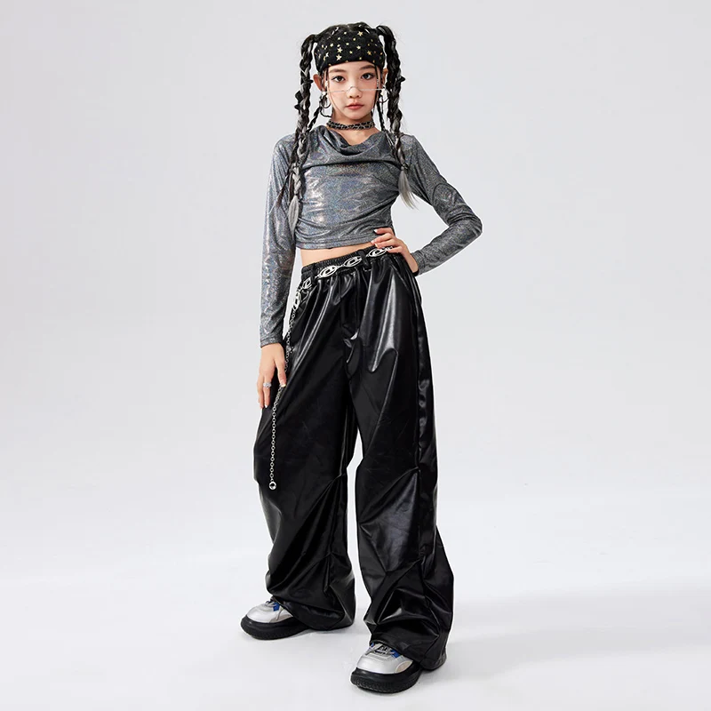 2024 Shine Sliver Crop Tops pantalones de cuero negro trajes para niñas trajes de baile de Jazz niños ropa de actuación de Hip Hop DQS18131