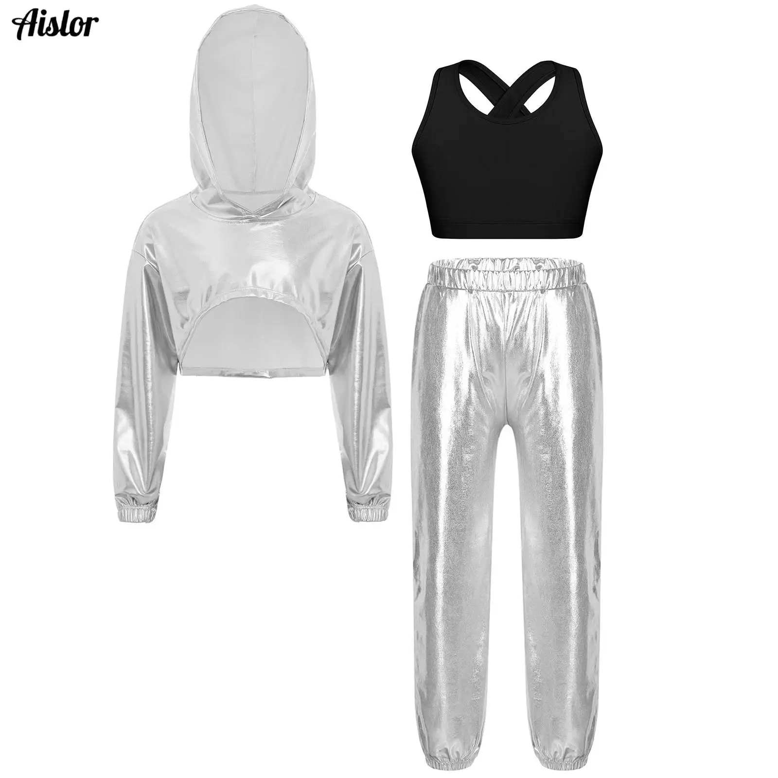 

Kids Girls Hip-Hop Jazz Dance Costumes Long Sleeve Asymmetrical Hem Metallic Cropped Hoodie+Spaghetti Straps Camisole+Pants 3Pcs