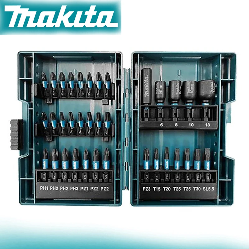 Makita-elétrica Impacto Chave de Fenda Bits Parafuso Hexagonal Batch Head Grupo Acessório Ferramenta Elétrica Luva E06638 35 Pcs