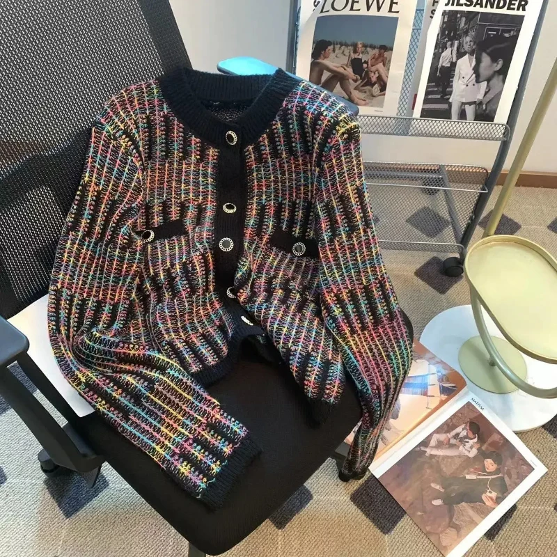 Autumn Korean Vintage Loose Rainbow Striped Knitted Cardigan Sweater Women Long Sleeve Mixed Color Single Breasted Pockets Tops