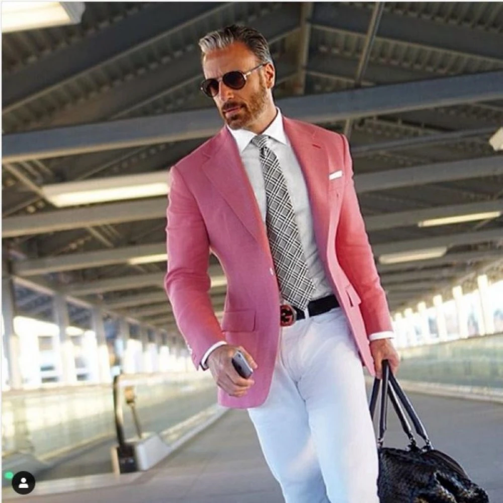 

Men Suit With White Pants Pink Suit Men Blazer Formal Smart Casual Business Terno Slim Fit Tuxedo Coat Jacket Costume Homme