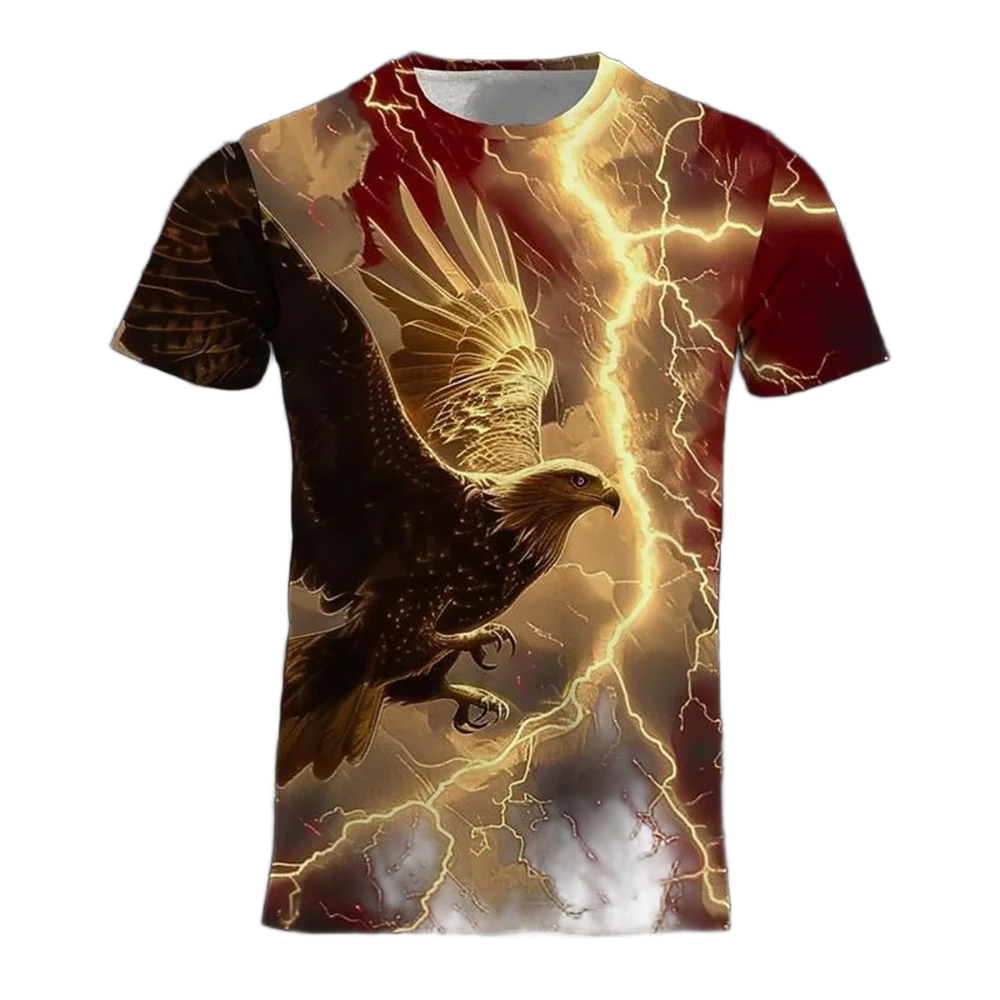 تي شيرت رجالي صيفي متعدد الاستخدامات مطبوع ثلاثي الأبعاد بلون نسر رائع ورقبة دائرية وأكمام قصيرة فضفاض ومريح على الموضة