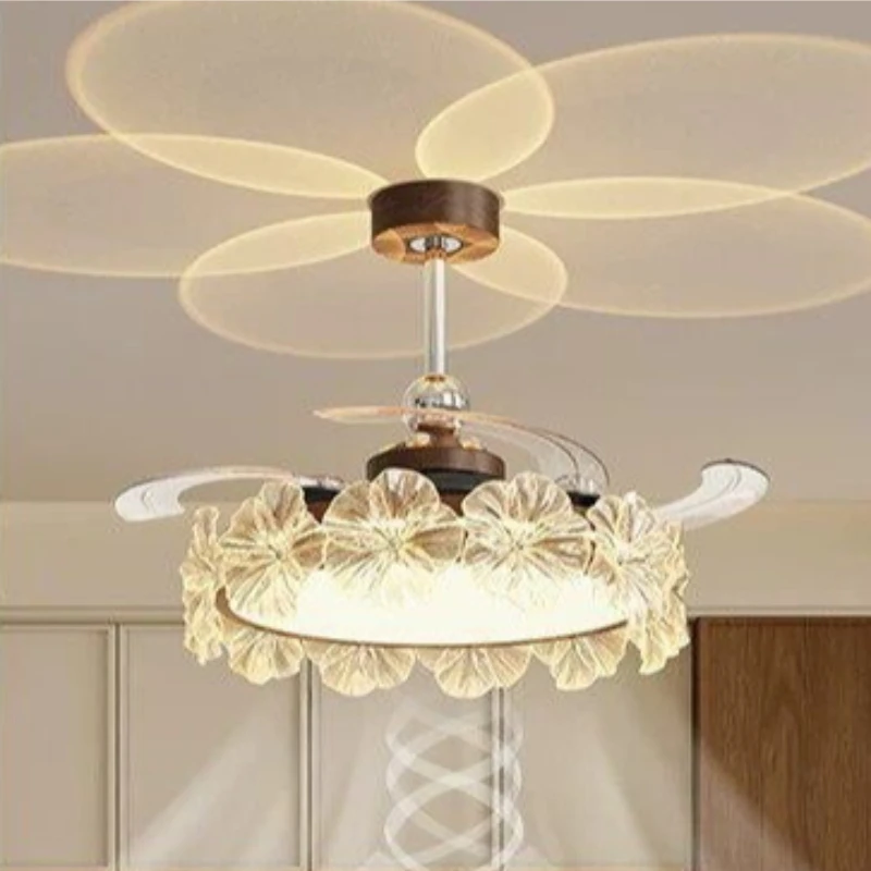 Light Luxury Master Bedroom Pendant Fan Lights with Ambience Projection French Petal Dining Room Hidden Ceiling Fan Lamps Decor