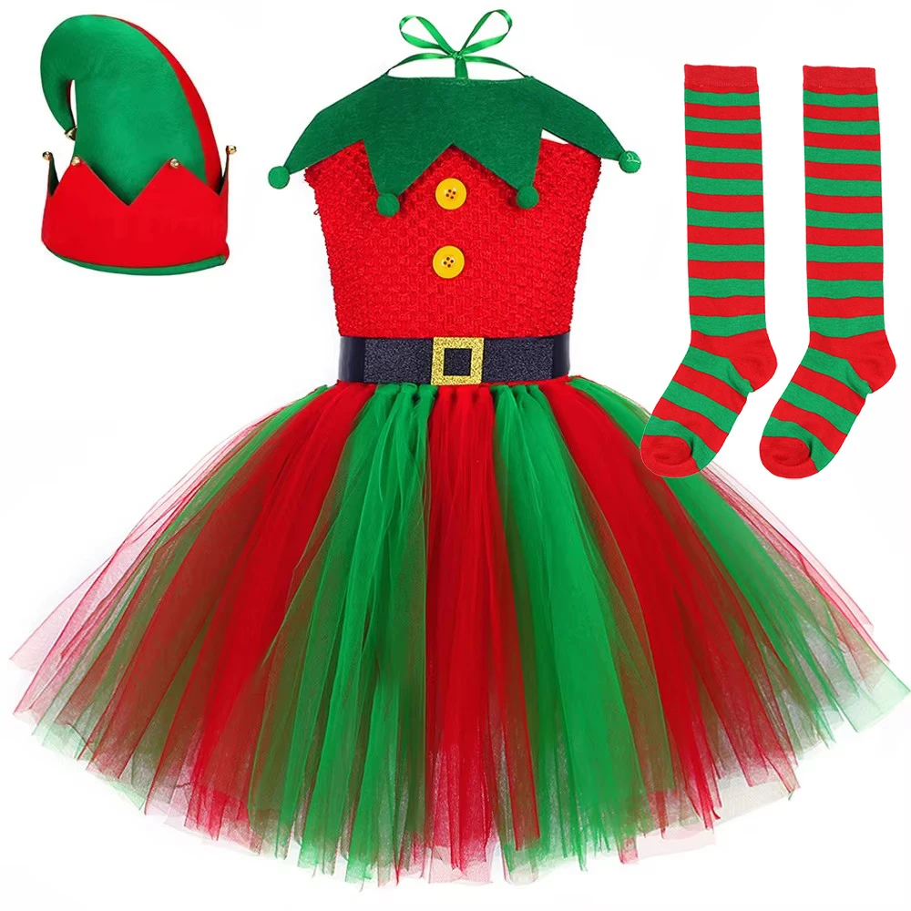 

Christmas Elf Costumes for Girls Xmas Festival Fancy Tutu Dress with Elves Hat Kids Holiday Outfits Children New Years Clothes