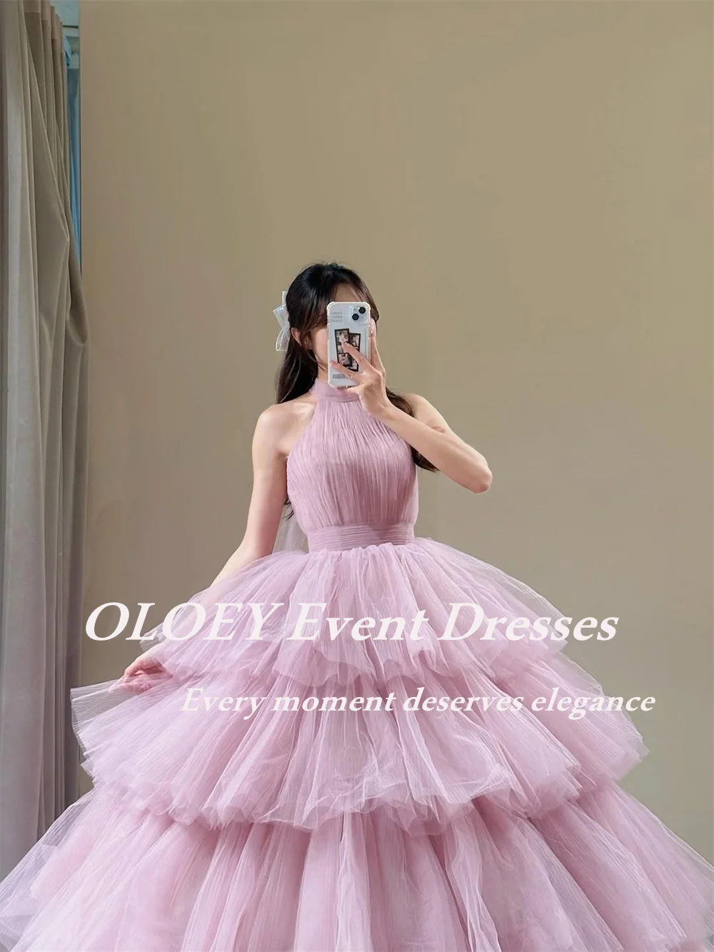 

OLOEY Luxury Purple Halter A Line Prom Dress Korea Wedding Photo Shoot Draped Layered Tulle Birthday Gown Customized Corset Back