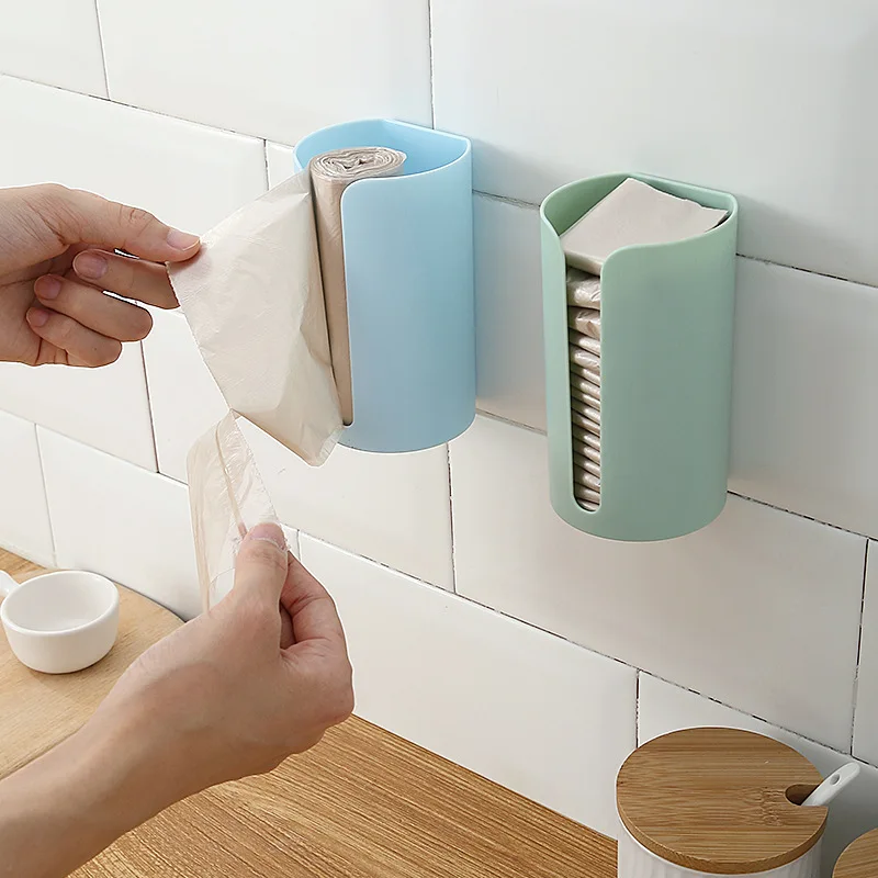 Mutifunctional Nail-Free Wall Mounted Plastic Trash Bag Storage Box Garbage Bag Holder Cotton Home KitchenPad Container