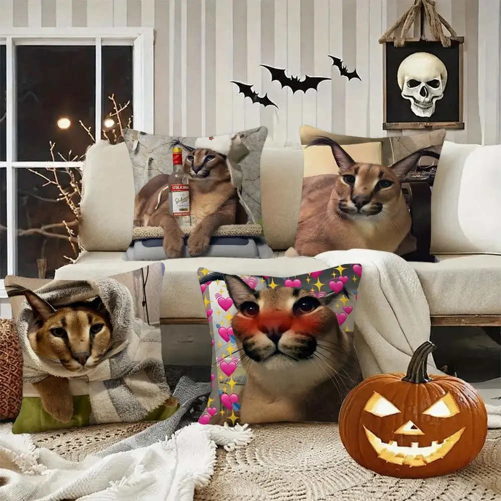 Floppa Cat Meme Cushion Cover Halloween decoration trick or treat cushion cover, ghost, pumpkin head, bat decoration