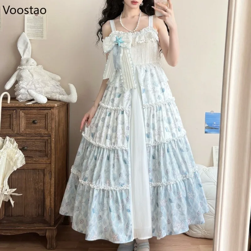

Japanese Sweet Lolita Jsk Dress Women Vintage Elegant Summer Shell Bow Lace Ruffles Princess Dress Girls Kawaii Tea Party Dress