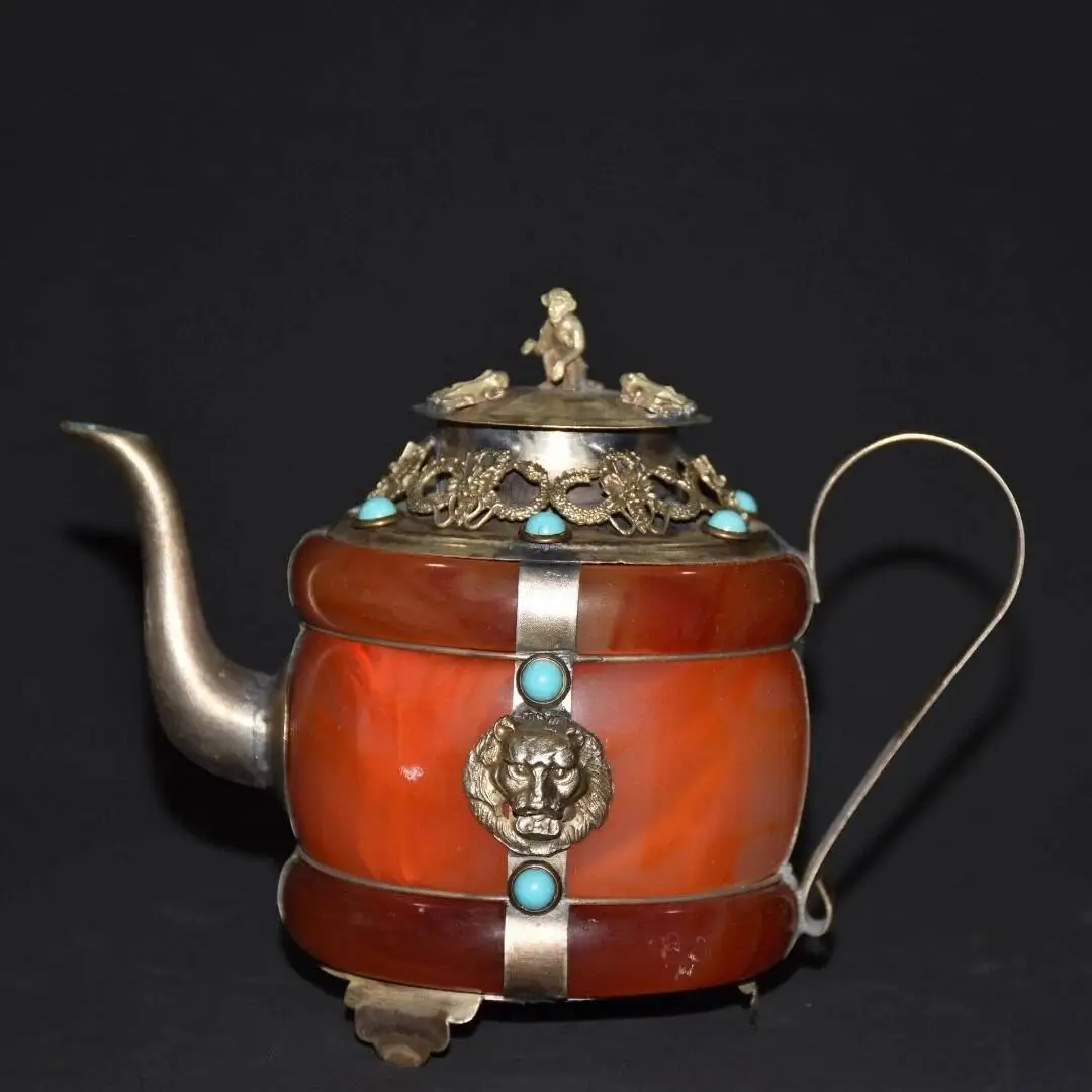 Collect Old Red Jade Tibet Silver Inlay Blue Gems Monkey Lid Lion Bead Teapot
