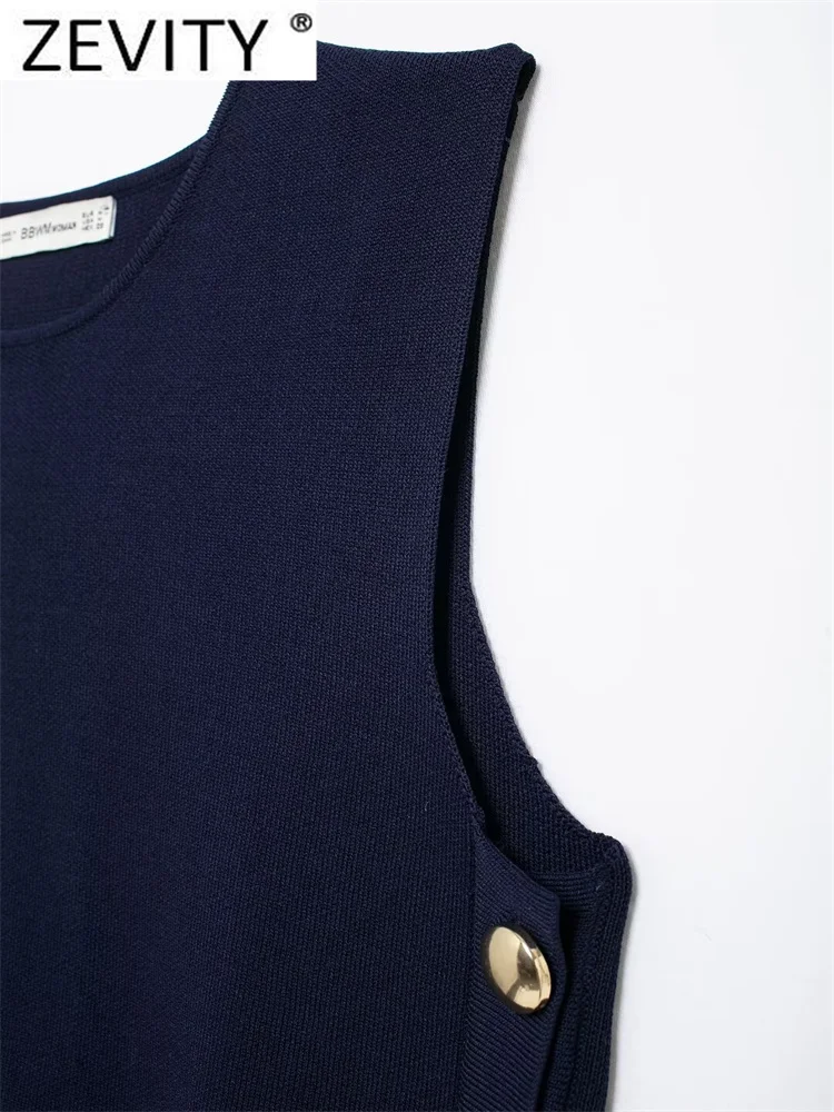 Zevity Women Fashion O Neck Sleeveless Solid Color Side Buttons Knitting Vest Sweater Female Chic Waistcoat Pullover Tops SW7161