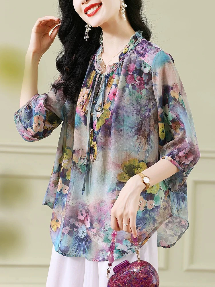 

Summer 2025 New Women's Chiffon irt Floral Print Loose Belly Covering High Collar Ele Mom irt Vintage Sle Casual Co...