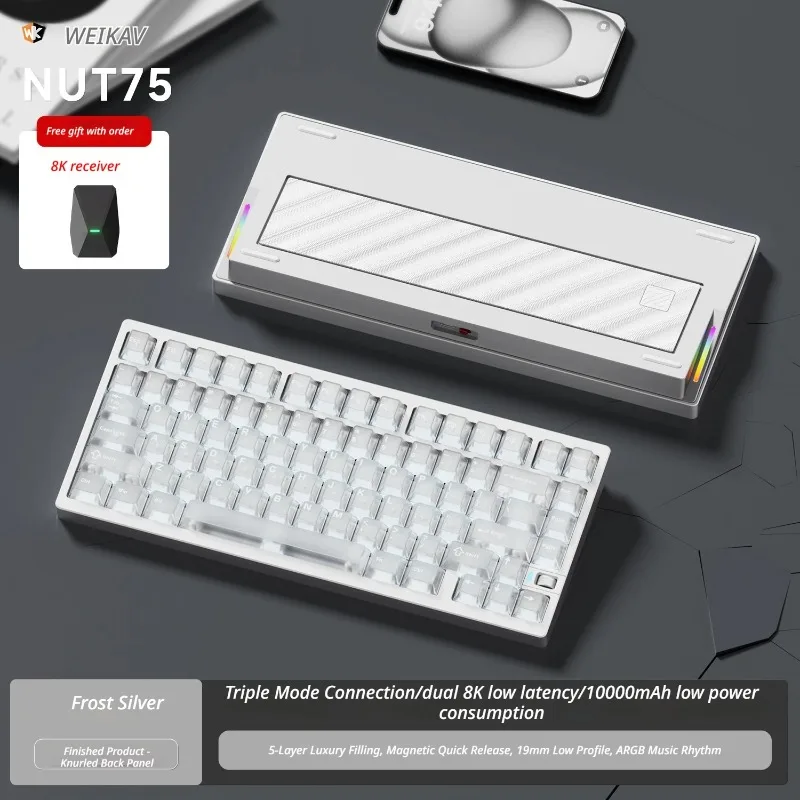 Weikav NUT75 Aluminum Alloy Mechanical Keyboard Dual 8K Wireless Bluetooth Tri Mode Low Latency Gaming Keyboard 10000mAh Battery