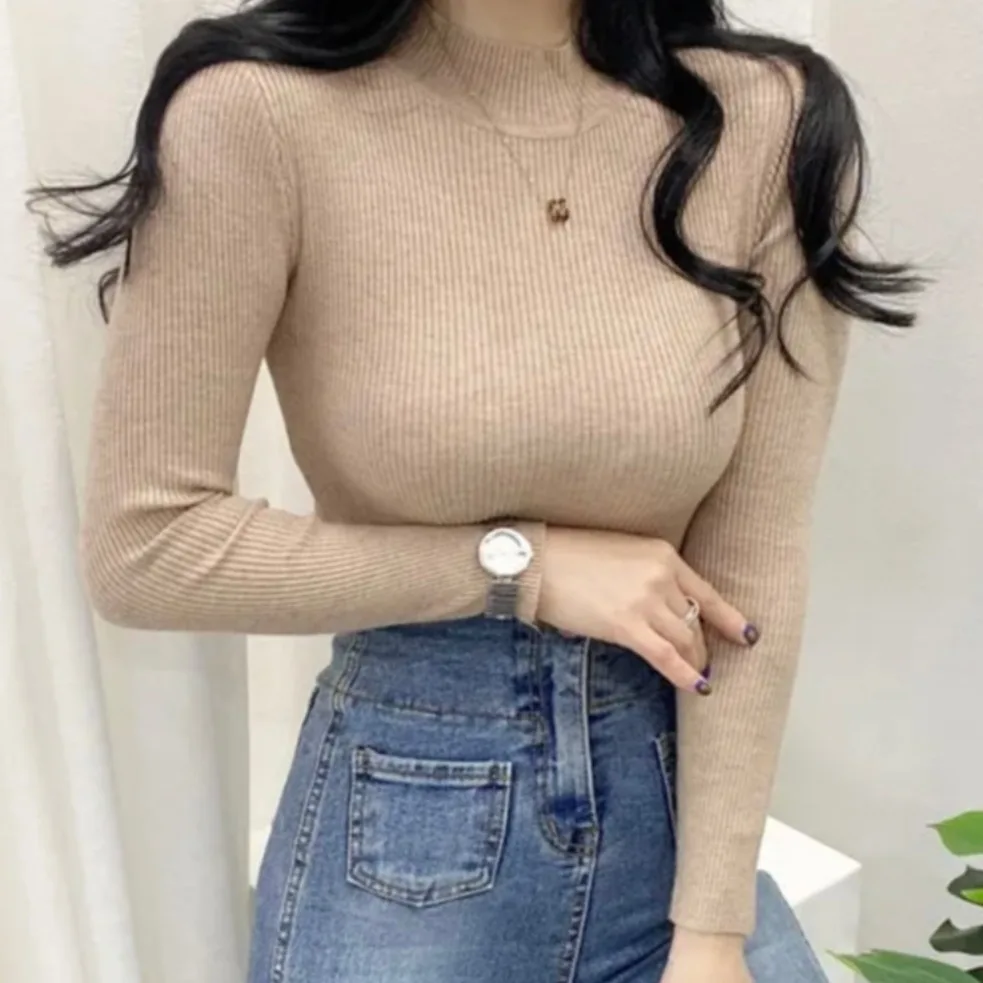 

Стильный осенне-зимний вязаный свитер с высоким воротником и длинными рукавами, облегающий, для женщин, базовый слой, корейский стиль, для повседневной носки