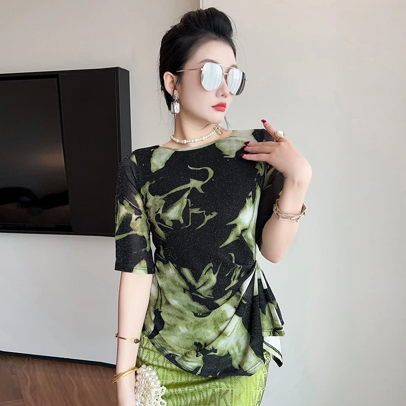 Summer,European,Clothes,Mesh,T-Shirt,Fashion,Sexy,O-Neck,Drape,Print,Waist-cinching belt,Women,Tops,Half Sleeve,Tees,New,6813003