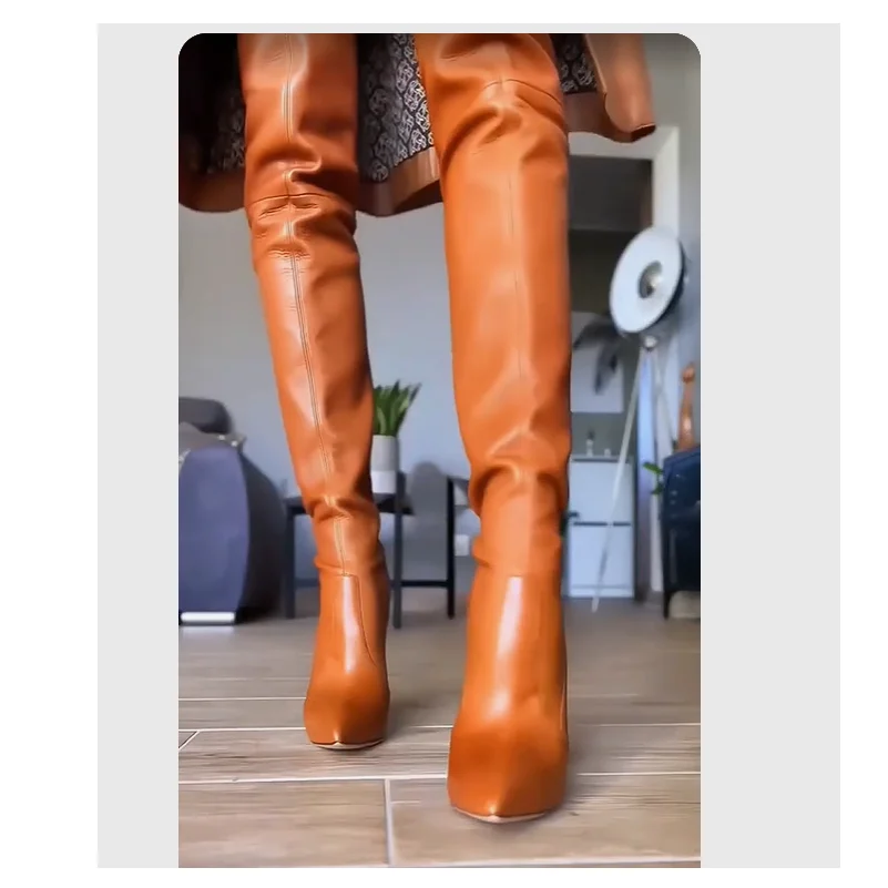 Botas de couro acima do joelho para mulheres, sapatos de dedo apontado, salto alto fino, marrom, sexy, moda legal, inverno