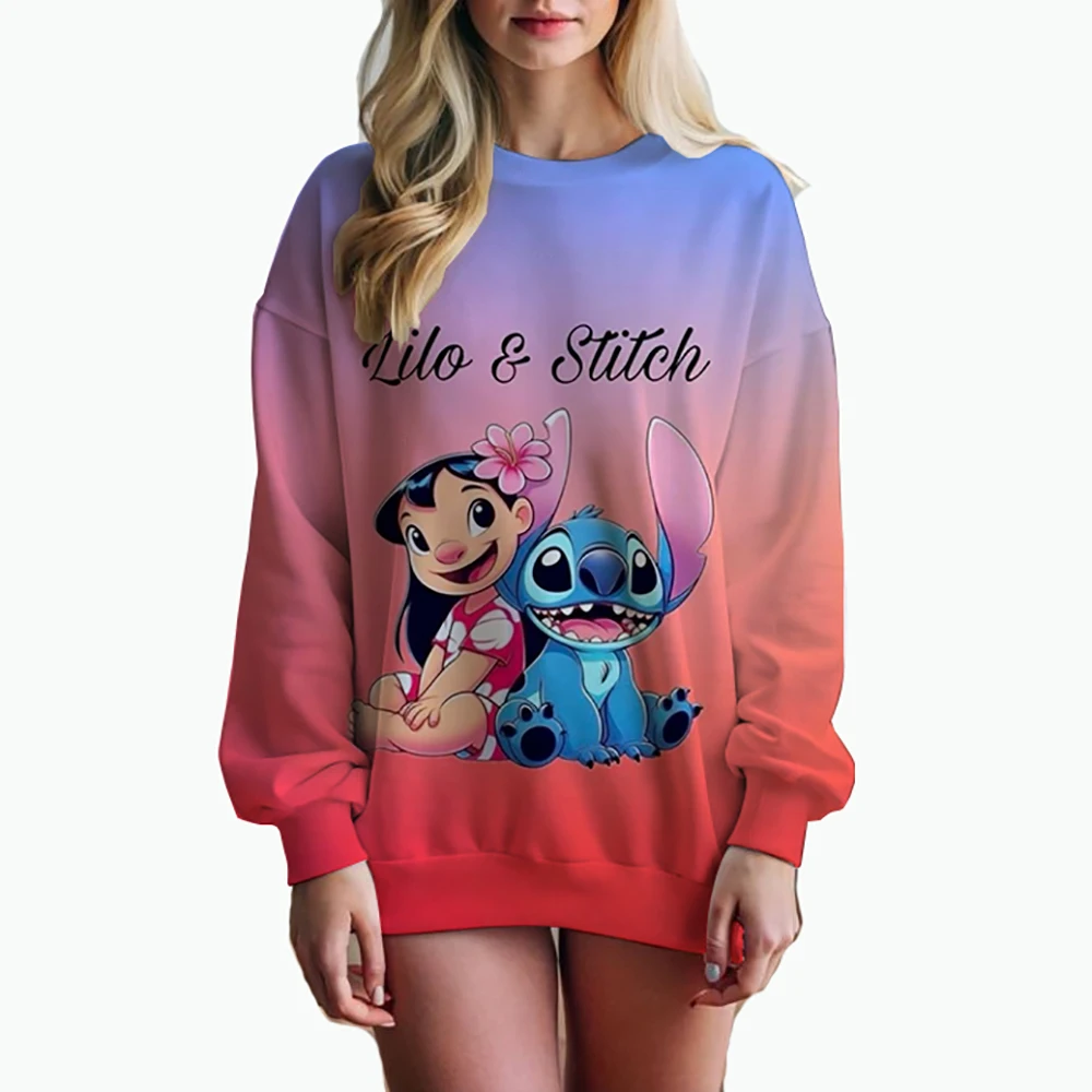 Autumn Fun Print Long Sleeve Top 2024 New Cartoon Disney Cute Lilo & Stitch Ladies Sweatshirt Crew Neck Loose Pullover