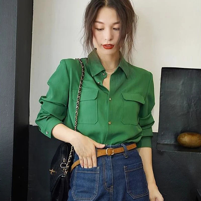 French Style Retro Elegant Green Long Sleeved Shirt Autumn New Fashion Casual Loose Versatile Popular Turn-down Collar Lady Top