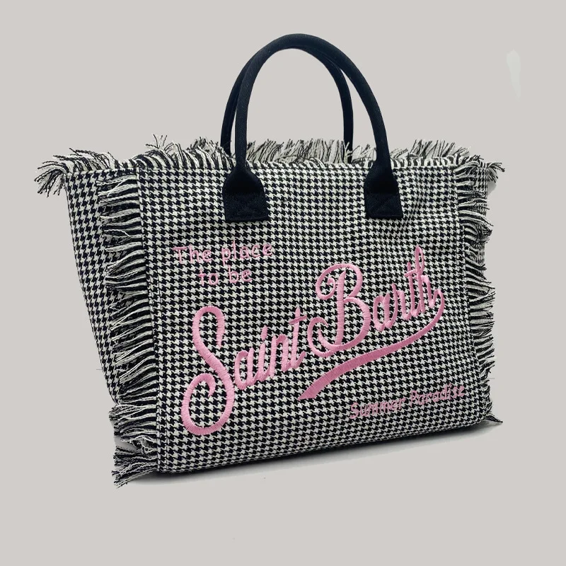 Black Plaid Embroidered Letter Tassel Handbag Summer Beach Canvas Women\'s Bag Large Capacity Commuting Handbag New Shopping Bag