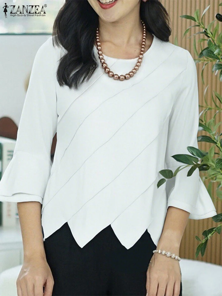 

Women Summer Tops ZANZEA Stylish Asymmetrical Blouse 2025 Fashion 3/4 Flare Sleeve Solid Color Pleated Shirt Casual Blusas Tunic