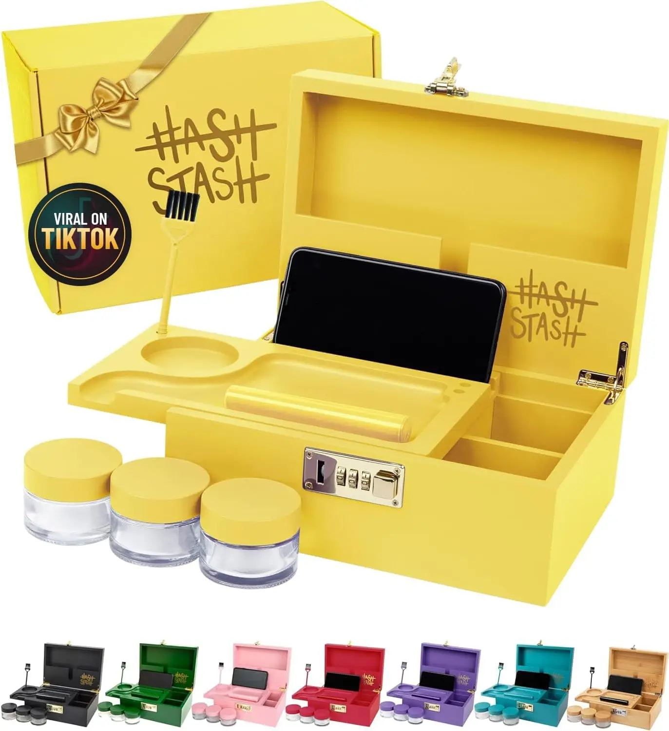 

Large Bamboo Storage Box with Combination Lock, Airtight Jars & Organizer Tray - Discreet Decorative Box for Home