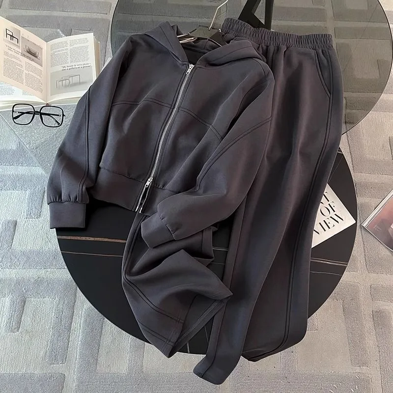 Women's Casual Sports Suit 2025 Spring and Autumn New Fashion Hooded Sweater Zipper Jacket Tops and Wide-leg Pants Two piece Set