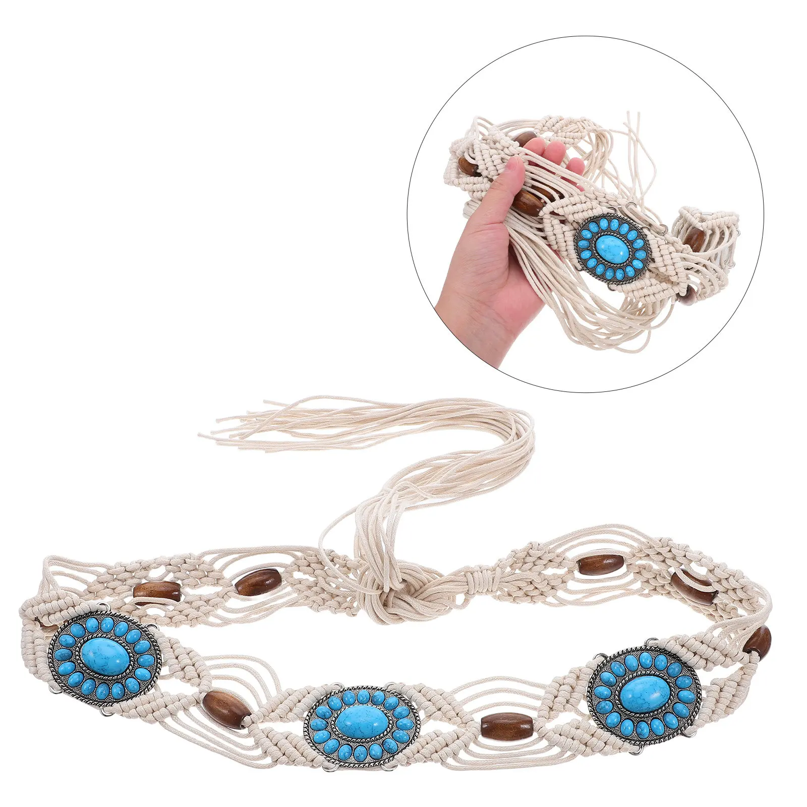 Bohemian Waist Tie Handwoven Braided Rope Belt Faux Turquoise Beads Adjustable Knot Boho Belt Women for Festivals Casual