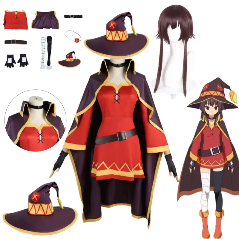 أزياء أنيمي التأثيرية للنساء فستان الساحرة ملابس شعر مستعار Megumin أزياء الهالوين sk;m1