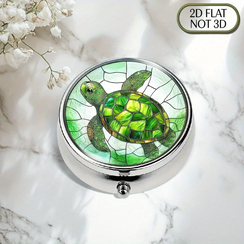 1pc flat portable round metal pill box, featuring a real cute green sea turtle stained glass design, used for medication storage and organization, perfect for storing vitamins, multi-purpose small accessories, and as a thoughtful gift for a loved one