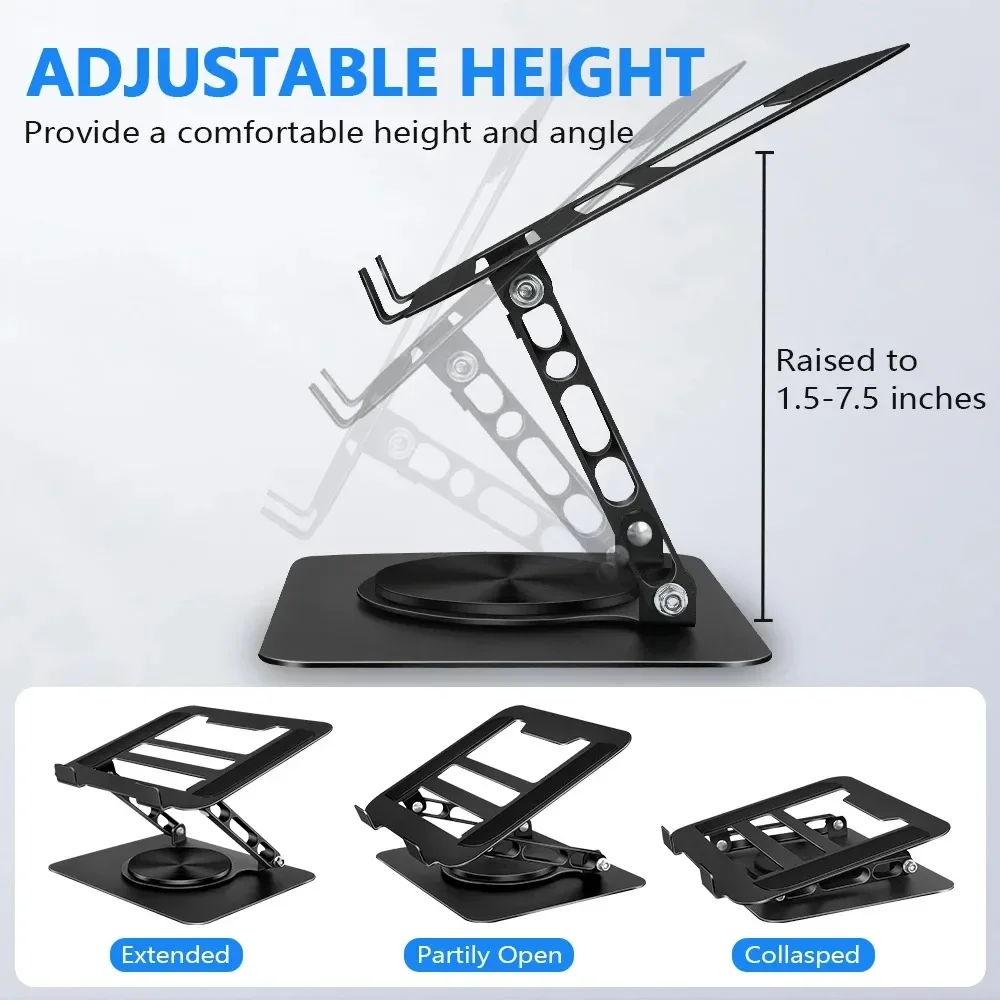 حامل كمبيوتر محمول للمكتب، حامل كمبيوتر قابل للتعديل مع 360 درجة °   قاعدة دوارة، رافعة كمبيوتر محمول مريحة للعمل التعملي، قابلة للطي