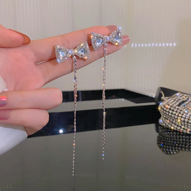 Oversized Bow Zircon Tassel Drop Earrings For Women 2022 New Fashion Luxurious Shiny Crystal Earring Korean Style Jewelry Gifts