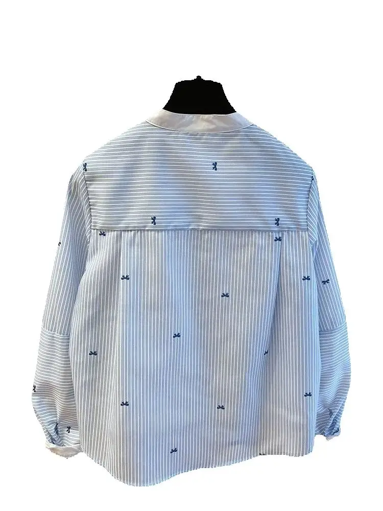 

spring loose embroidery bow striped shirt blouse women long sleeve round neck ladies shirts tops blusas mujer de moda