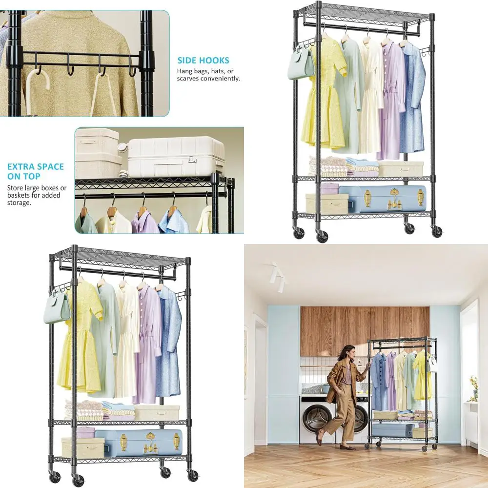 

Прочная 3-ярусная черная вешалка для одежды на колесиках с 2 штангами для подвешивания, 29,5Ш x 15,7Г x 75В дюймов