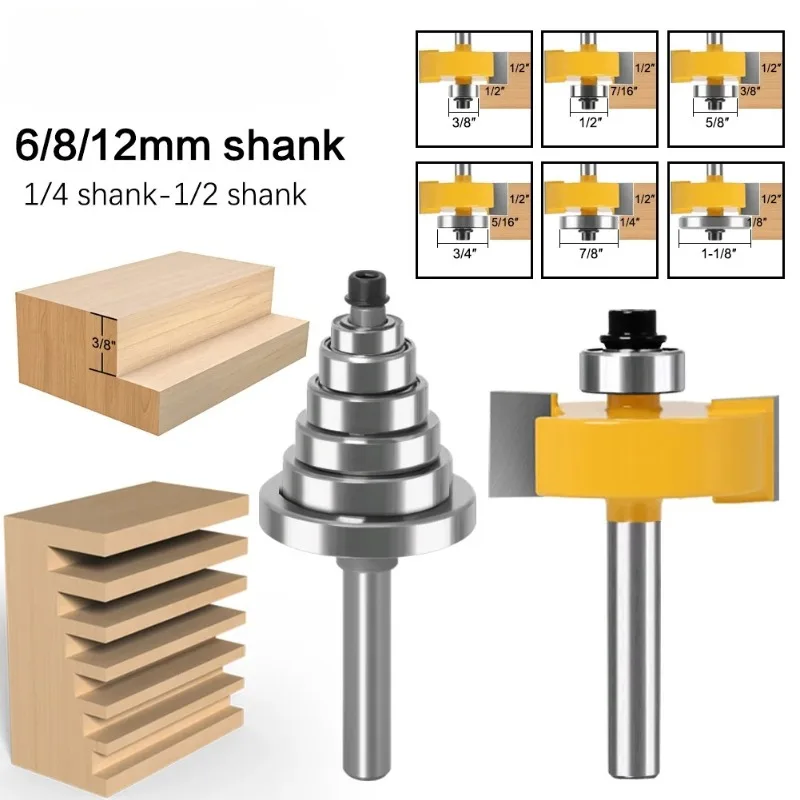 

6mm 8mm 12mm Shank Rabbet Router Bit with 6 Bearings Set -1/2"H - 1/4" Shank Woodworking Cutter Tenon Cutter for Woodworking