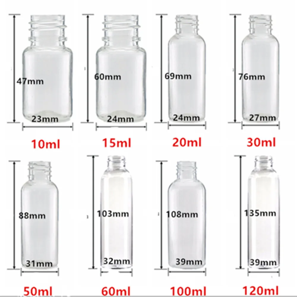 Garrafa de plástico redonda com flip top, garrafa clara pet, amostra de viagem, vazio, 1oz, 2oz, 30ml, 50 ml, 60 ml, 100 ml, 120 ml, 150 ml, 200 ml, 250 ml, 300 ml, 500ml