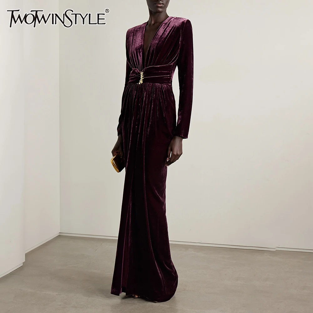 TWOTWINSTYLE Solid Spliced Folds Elegant Velvet Dresses for Women V Neck Long Sleeves High Waist Patchwork Sequined Dress Female