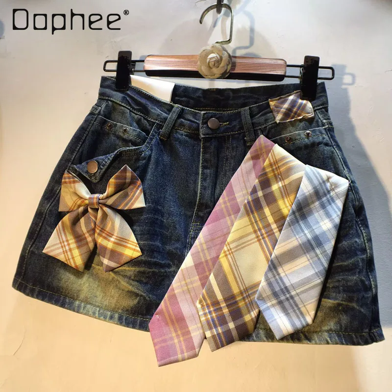 

European Style Half Skirt 2025 Summer New Patchwork Colorful Tie Bow High Waist Slimming Denim Short Skirt for Women