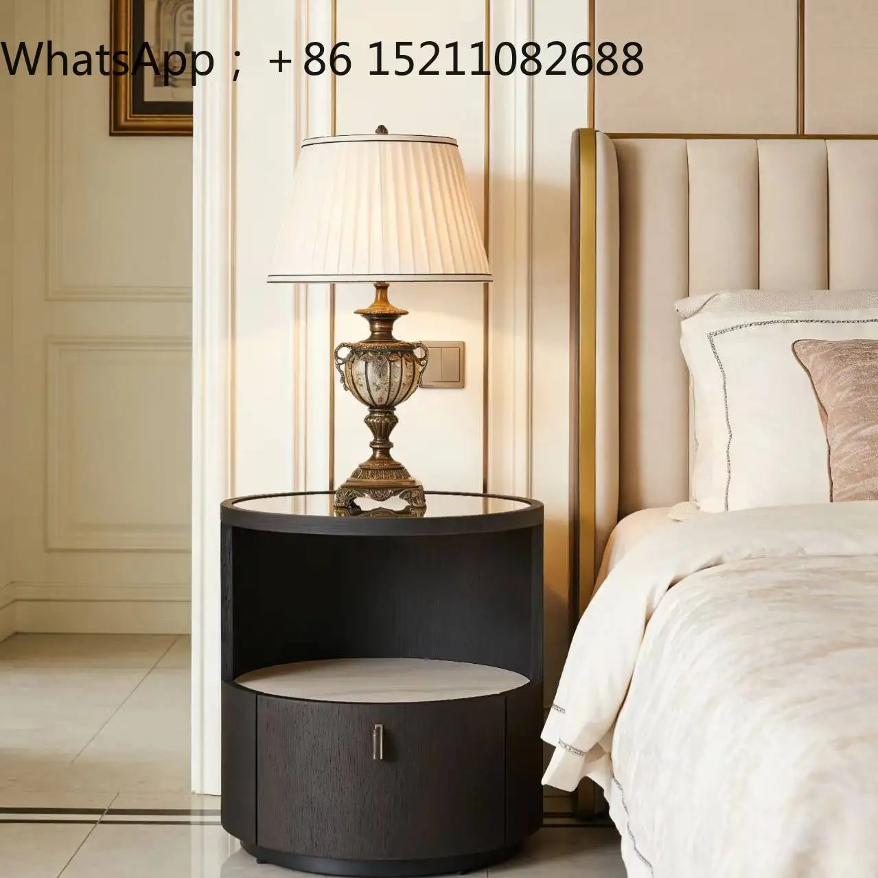 LLY minimalist round bedside table high-end light luxury master bedroom home storage rock slab storage bedside cabinet