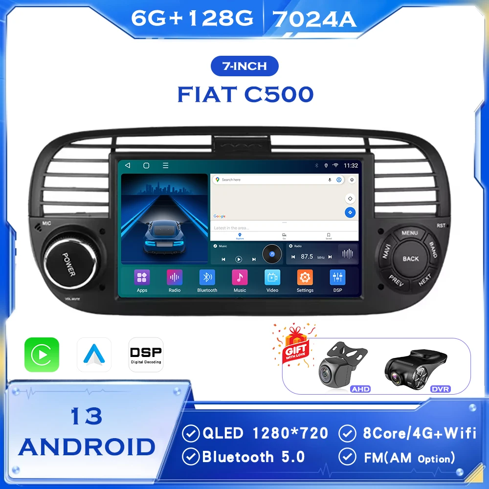 

BINGFAN 7" Car Radio for Fiat 500 2007-2015 Wireless Carplay Android Auto Multimedia Player GPS WIFI Touch Screen