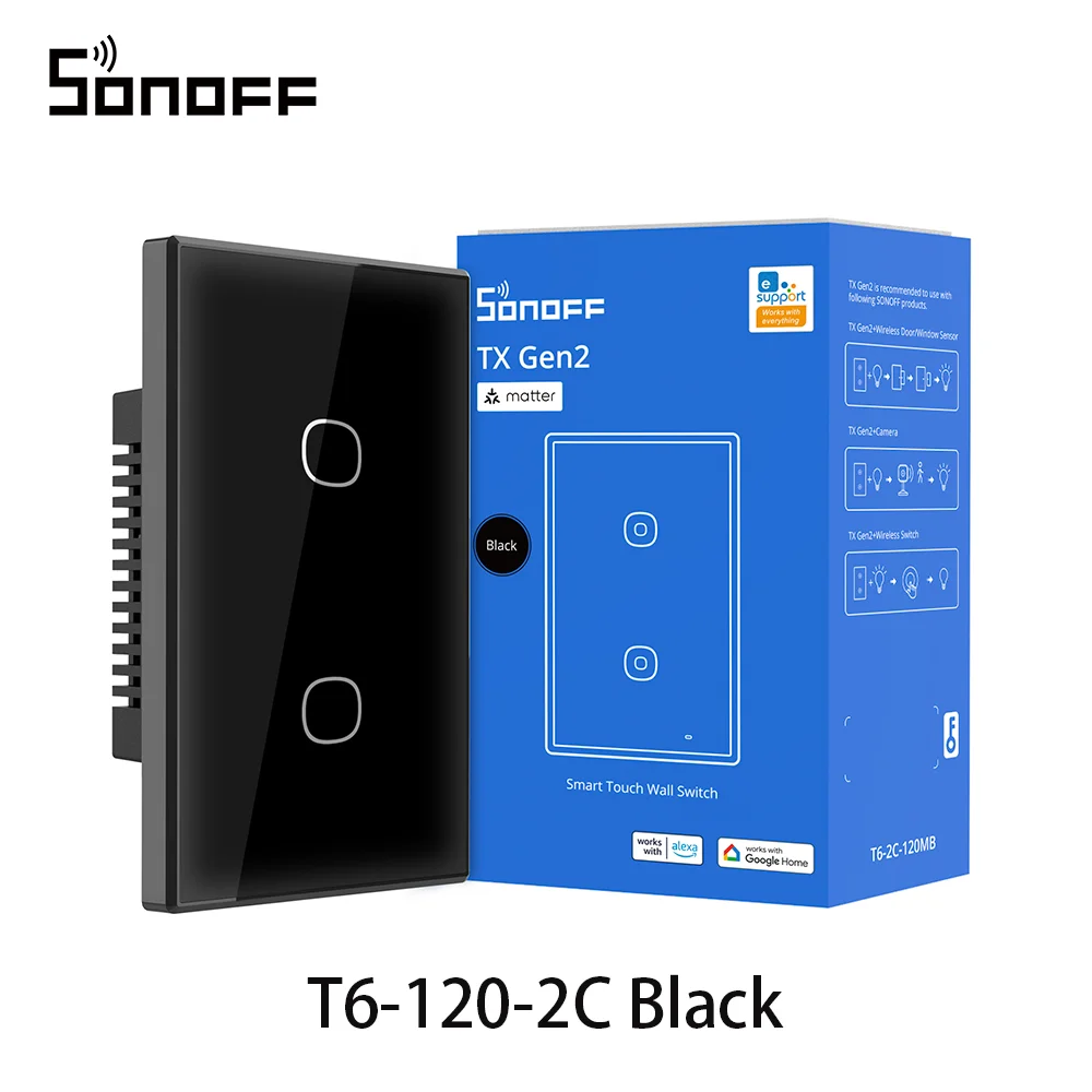 SONOFF T6 Zwart TX Gen2 Matter Smart Touch Wandcontactdoos Afneembare Relais Instelbare Nachtschakelaar Locator Apple Ecosystem Compatibel