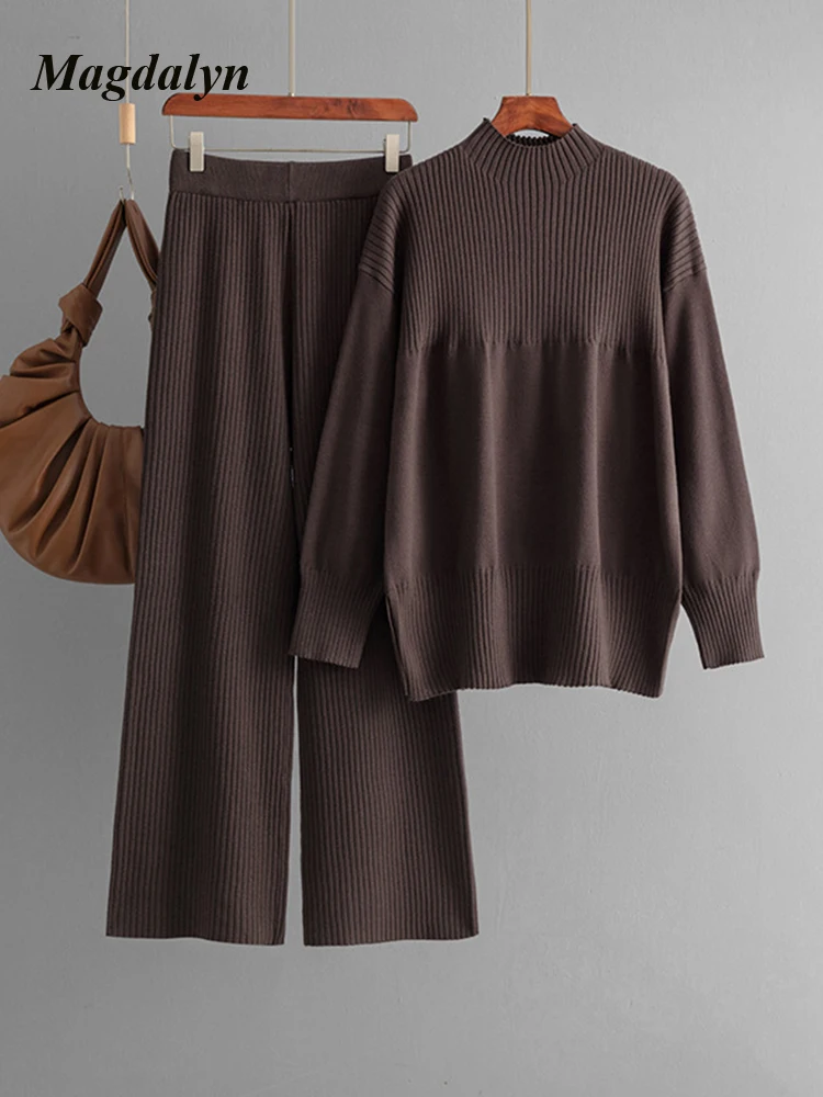 Magdalyn Casual Sets For Women 2 Pieces Autumn Winter Warm Slit Sweater +Kintted Wide Leg Trousers Sets Korean Pullover Top Suit