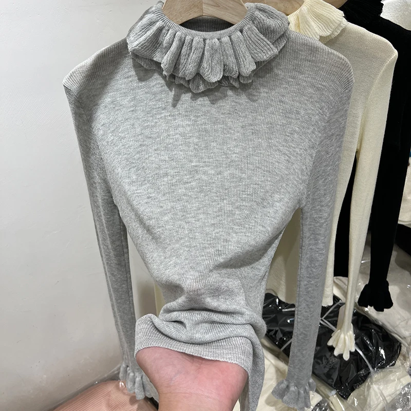 

Женский тонкий вязаный свитер с воротником-стойкой и длинным рукавом, с цветочным узором, базовая кофта для многослойных образов, осень-зима, новый стиль, для повседневной носки